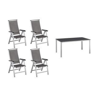 Kettler Forma II 4 Multipositions-Sessel silber und 1 Kettler Tisch silber 160x90cm