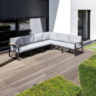 Kettler Ocean Skid Lounge 6-teilig, anthrazit mit hellgrau melierten Polstern und Teak-Armlehnen